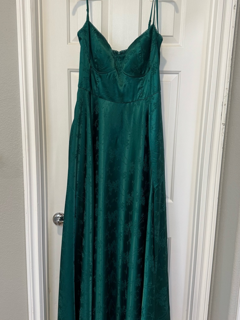 B Darlin Emerald Green Satin Maxi Slip Dress with Spaghetti Straps